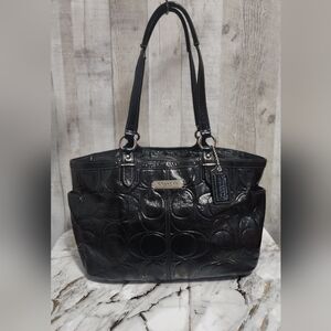 Coach Black Signature Patent Leather Tote Bag